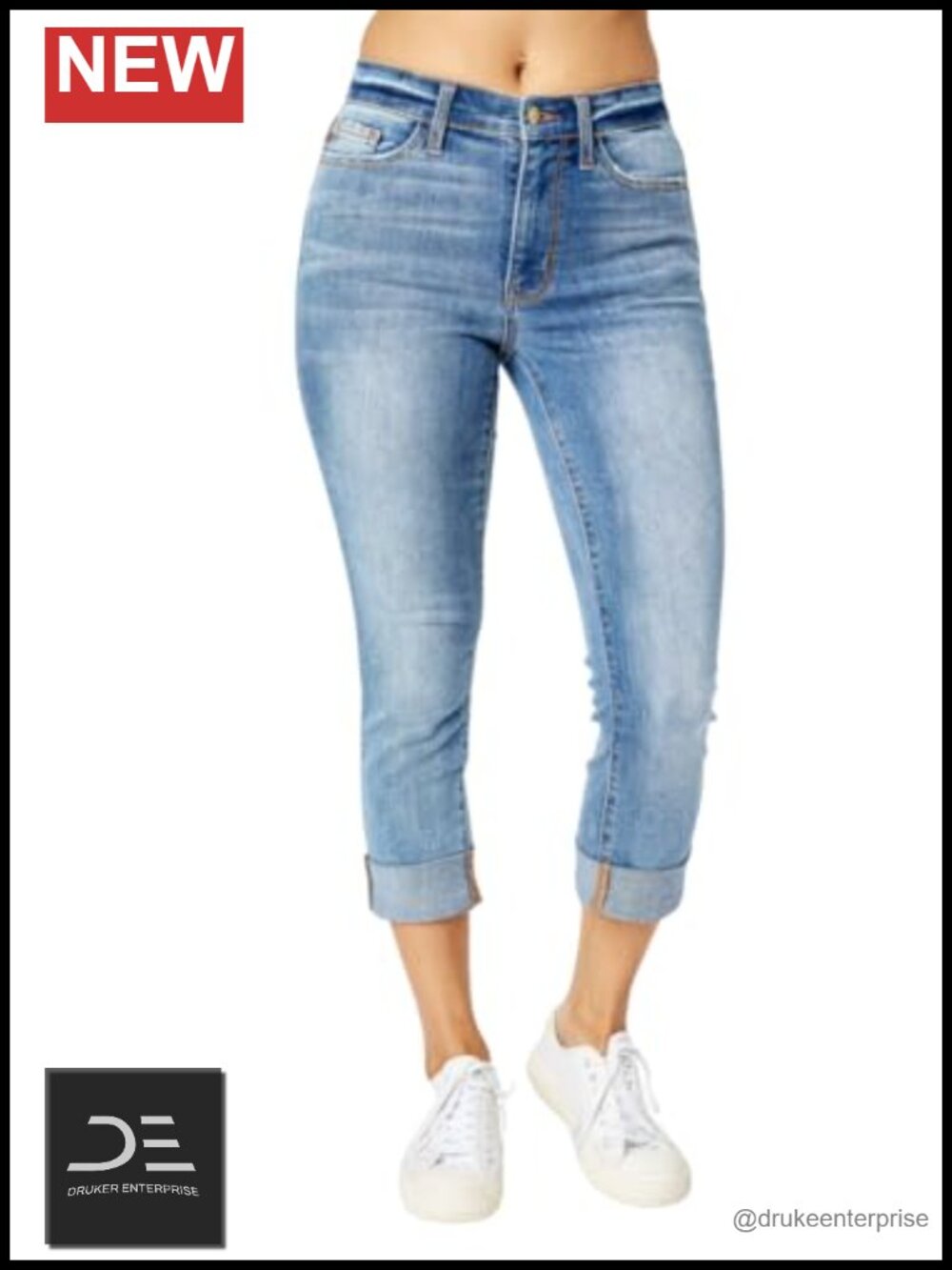 Mid Rise Cuffed Skinny Capri Jeans 4-Way Stretch Non-Distressed
